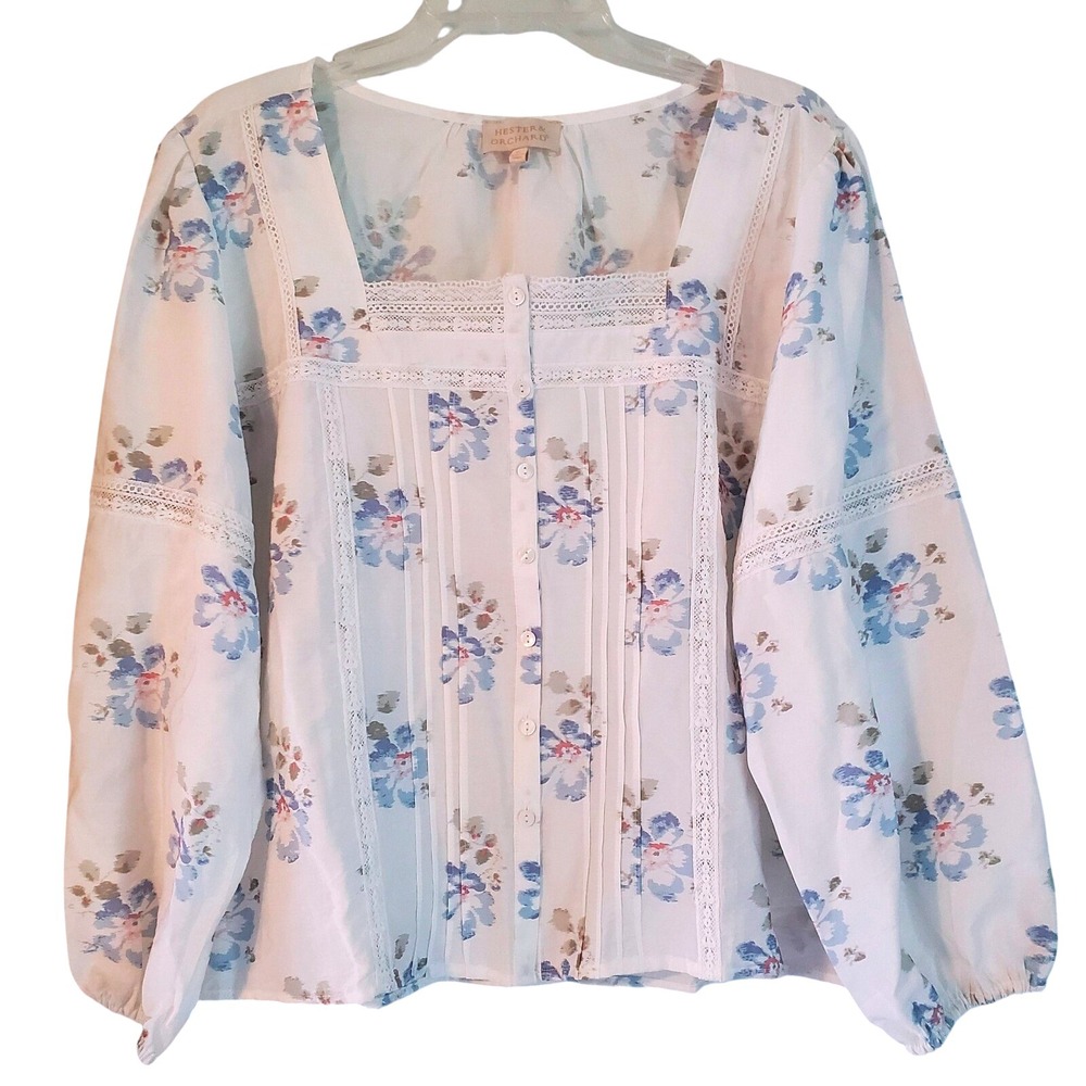Hester & Orchard Blouse Womens XL White Blue Floral Long Sleeve Lace‎ Boho Top